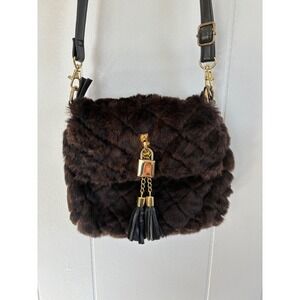 Bueno Dark Brown Quilted Faux Fur Crossbody Bag Gold Padlock Tassel Accent